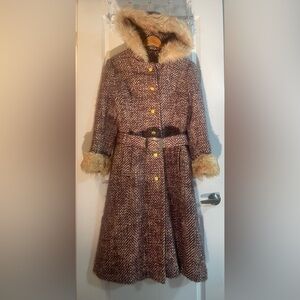 Fur Trimmed 1971 Long and Heavy Purple and Cream Tweed Coat with Gold Buttons